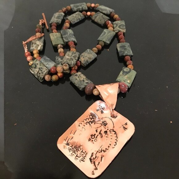 Copper Phoenix Eagle Dog Tag Mookite Jasper Necklace Long Gemstone - Picture 2 of 10